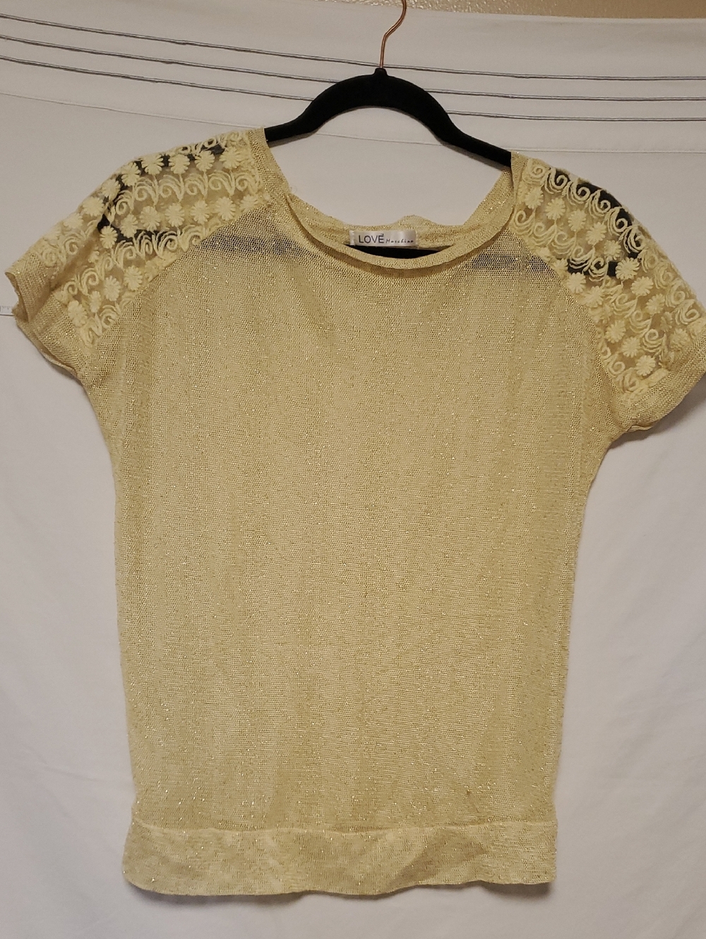 Love Moschino Butter Yellow With Gold Threads Sheer Knit Top Embroidered Sleeves